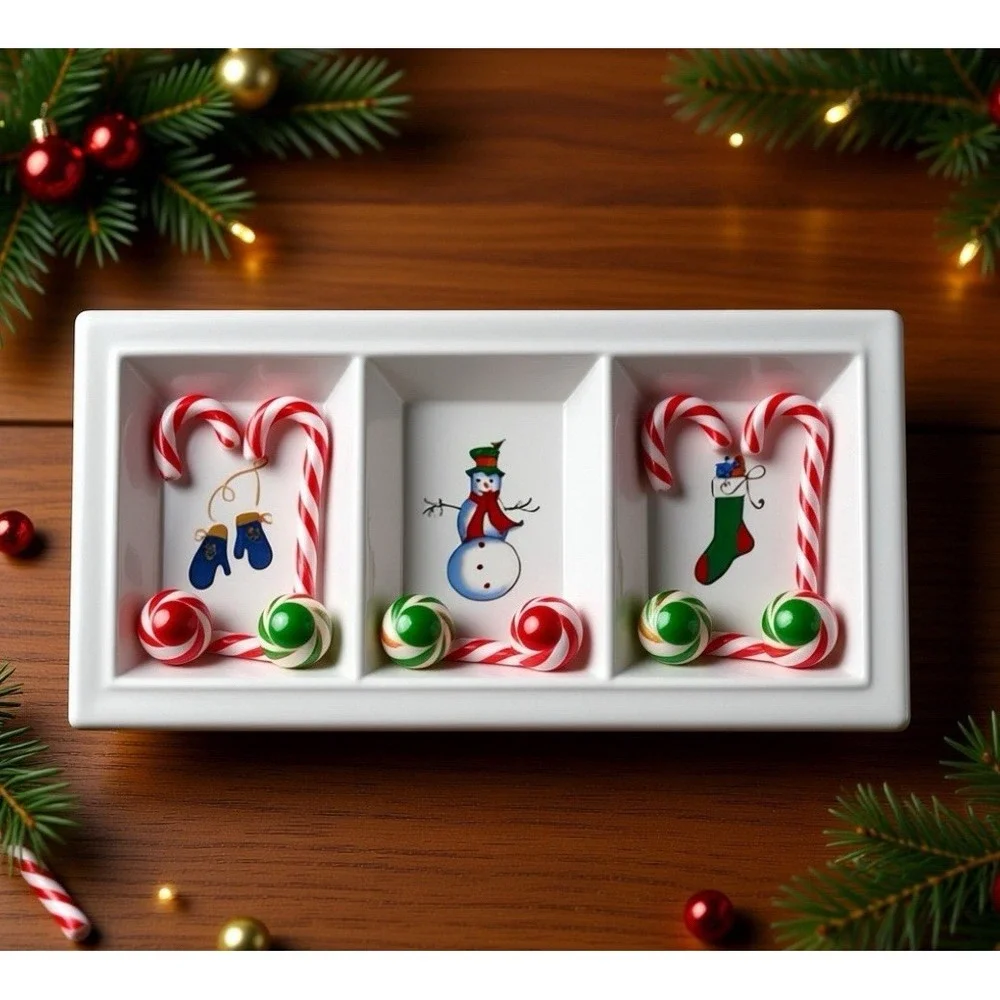 Holiday 3-Section Divided Serving Tray Platter‎ White Snowman Mittens Stocking
